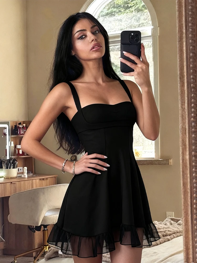 Weird Puss-minivestido de fiesta acampanado para mujer, minivestido de malla lisa de retales con una hilera de botones y espalda descubierta, vestido elástico ajustado Sexy de calle