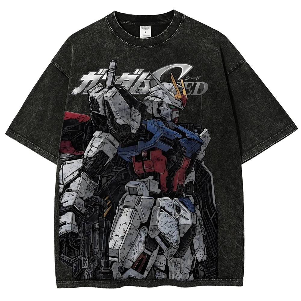 

Gundam SEED T Shirt GAT-X105 Strike Men Vintage Acid Wash Mecha Streetwear Oversized Retro Japanese Anime Graphic Cotton Tees