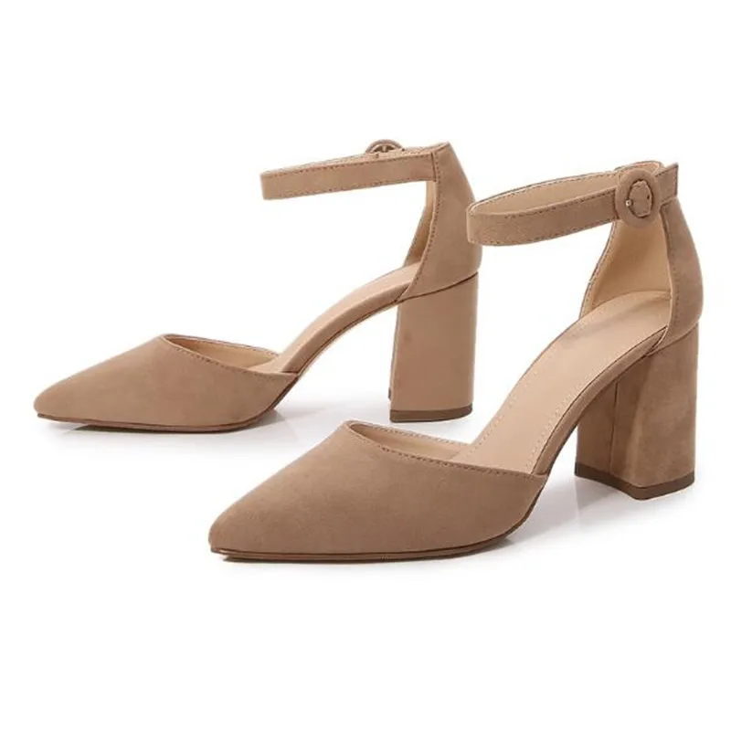 Tacchi alti in pelle scamosciata calda scarpe femminili donna 2023 cinturini alla caviglia floccati Slingback donna ufficio carriera sandali Casual