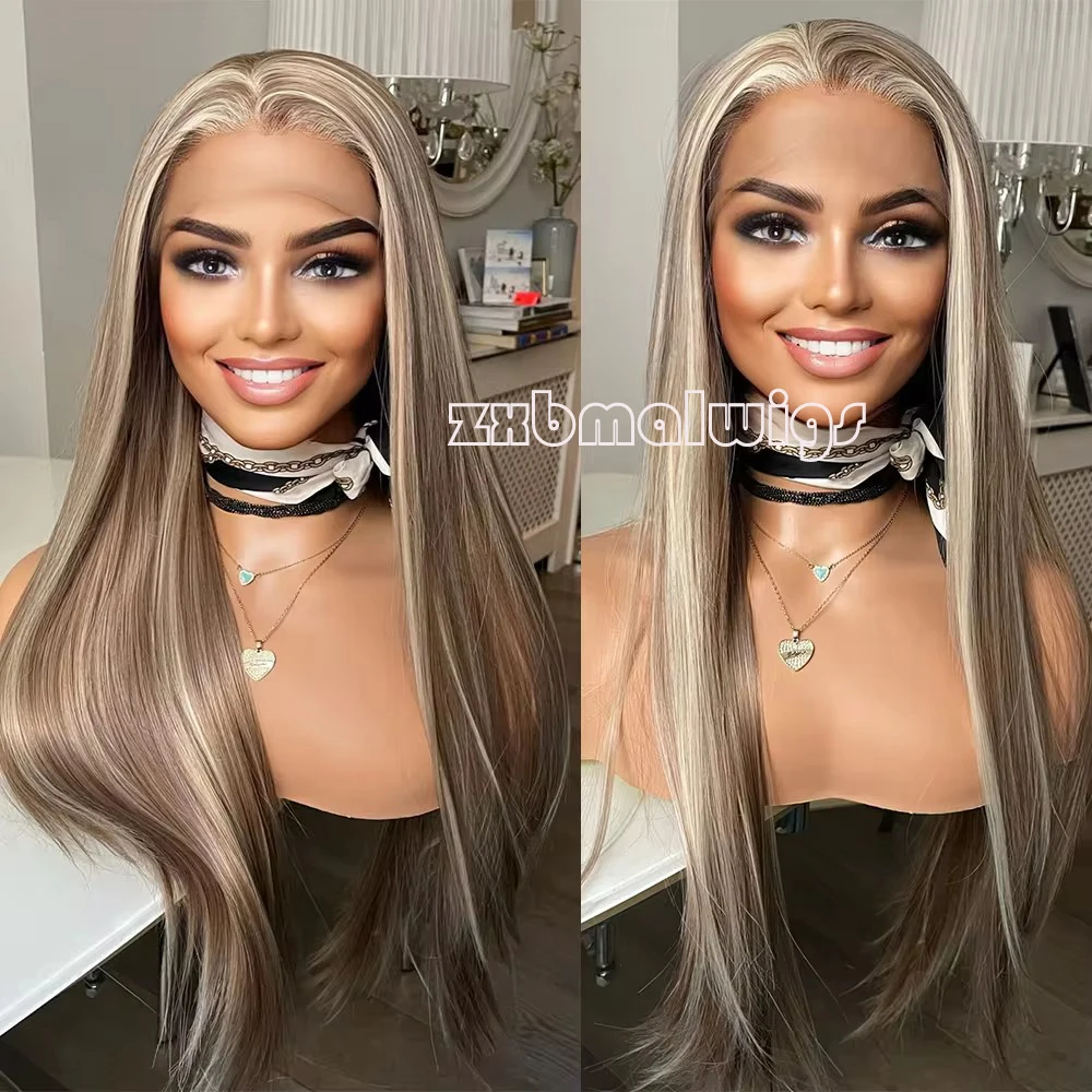 Perruque Lace Front Synthétique Blonde à Reflets pour Femme, Cheveux Lisses, Sans Colle, Préplumée, Fibre de Degré de Chaleur, 03/Cosplay