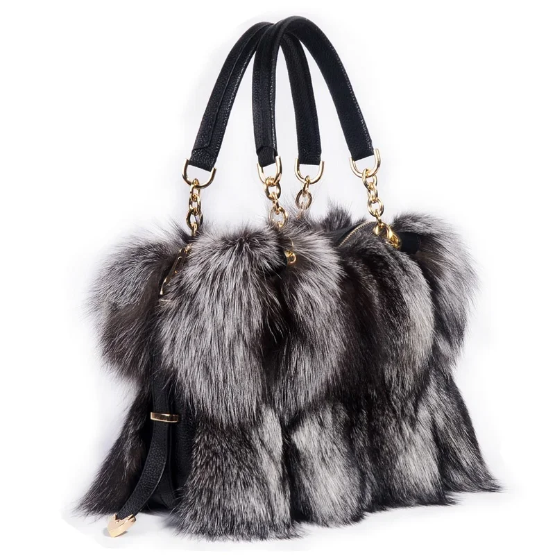 Luxury Real Fox Fur Woman Tote Shoulder Bag Winter Party Bag Ladies HandBags