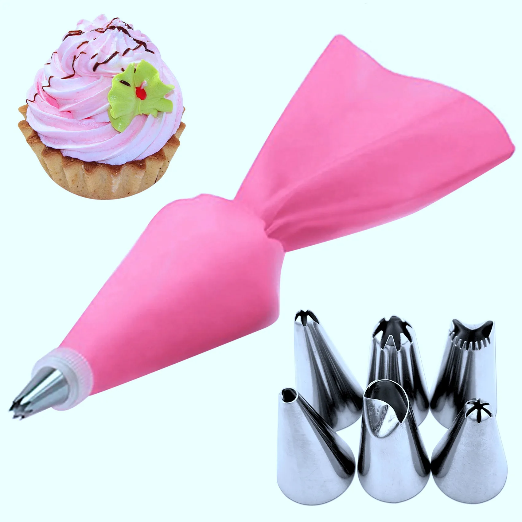 8Pcs/Set Pastry Bag Tips Kitchen Cake Icing Piping Cream Cake Decorating Tools Reusable +6 Nozzle Set-B