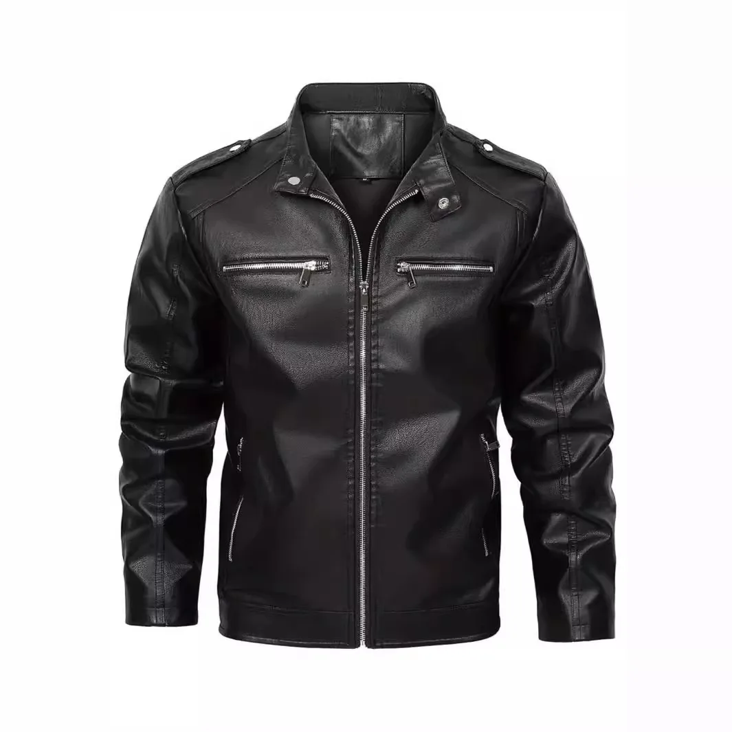 

Motorcycle leather jacket men's multi pocket zipper stand collar slim fit spring and autumn high-quality men's leather jacket