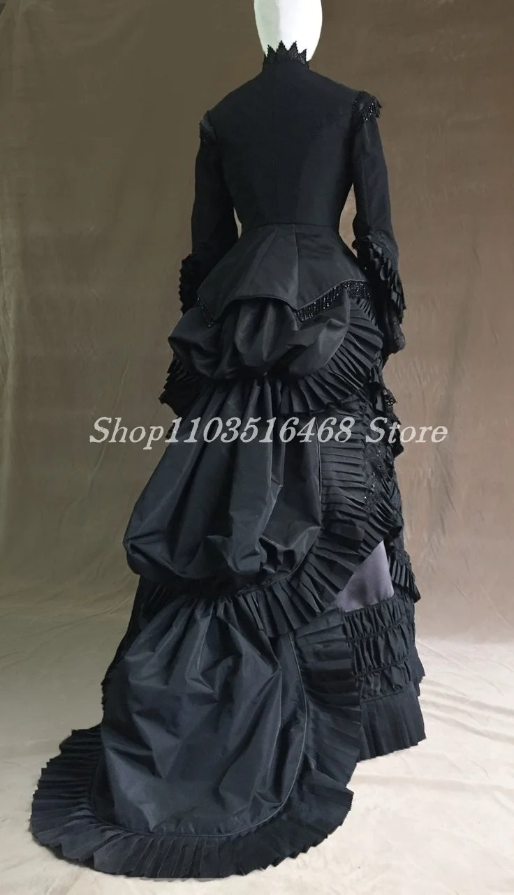 Vintage Victorian Steam Prom Dress Gothic Women\'s Party Black Satin Jacket Button Pleated Women\'s Long Sleeve Sheath Dresses