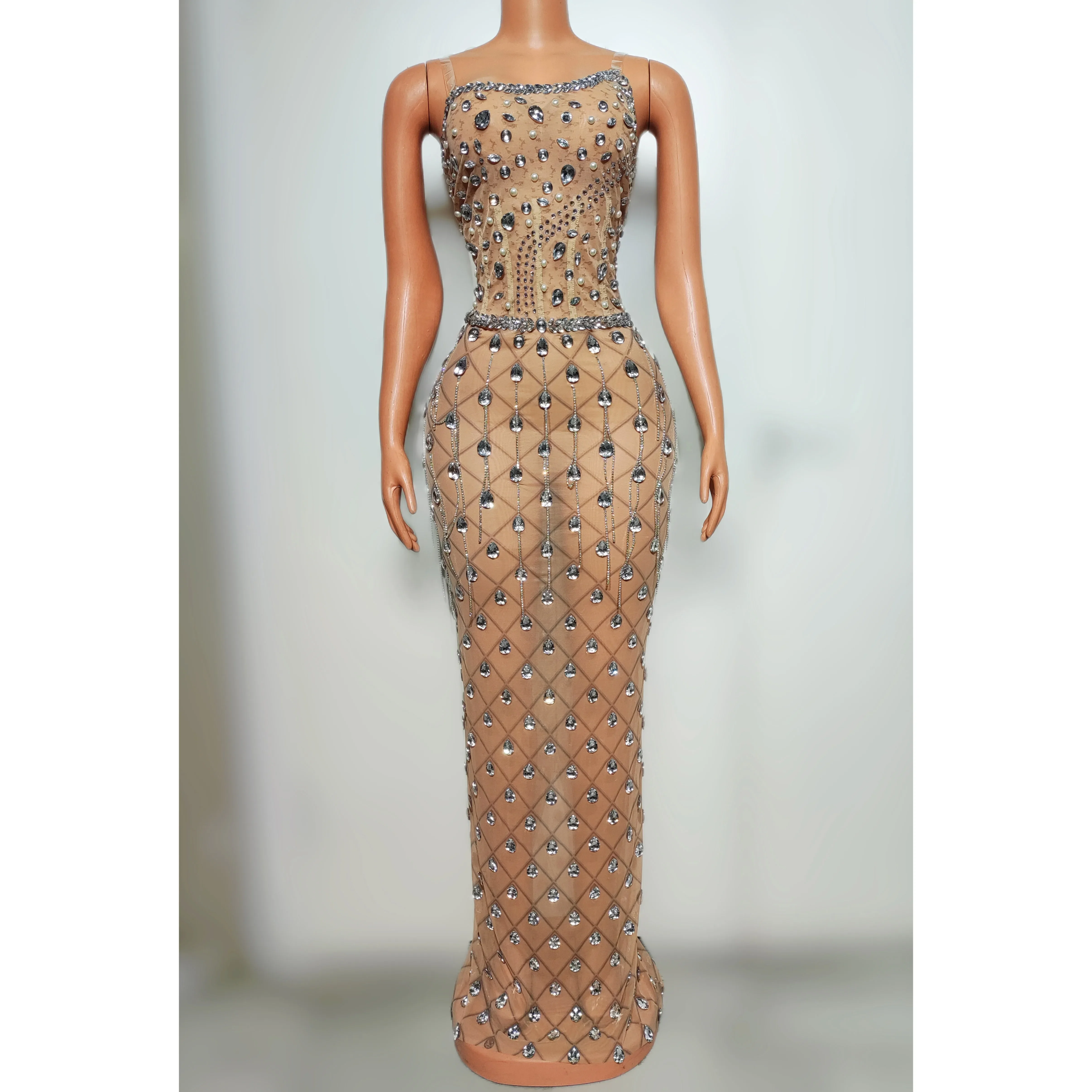 

2025 Rhinestone Singer Performance Wear Sleeveless Slim Long Dress Festival Party Outfit Gogo Dance Costume Nightclub Wear yj312