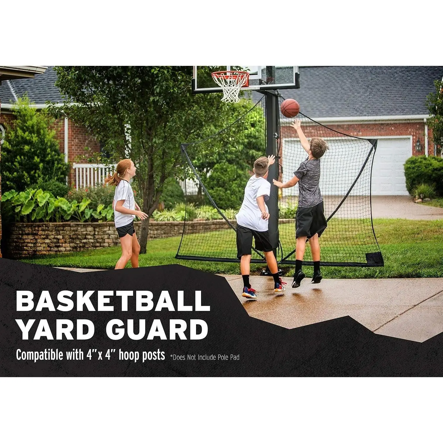 W-Basketball Yard Guard Defensive Net System Rebounder مع شبكة قابلة للطي وأذرع في القطب، أبيض/أسود