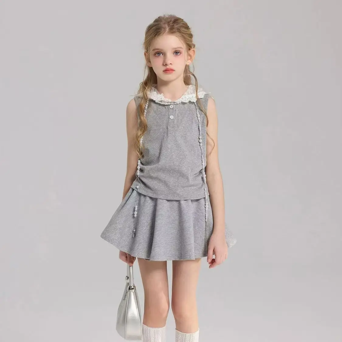 

Girls 2-Piece Summer Outfit, Lace Trim Sleeveless Top + Pleated Skirt, Cute Fashion Casual Set for Toddler & Little Girls, Gray