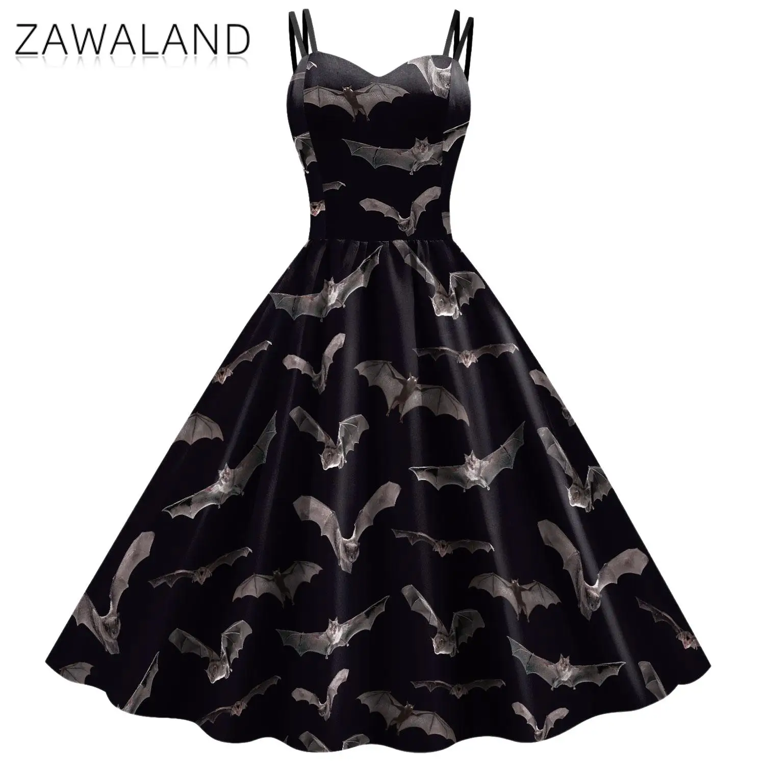 Zawaland Halloween Fancy Skeleton Rose Print Women Dress Girl Carnival Party Dresses Female Goth Horror Costume Rockabilly Dress