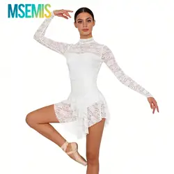 Womens Adult Long Sleeve Lace Gymnastics Tight Jumpsuit Mock Neck Figure Ice Skating Roller Skating Ballet Dance Leotard Dress