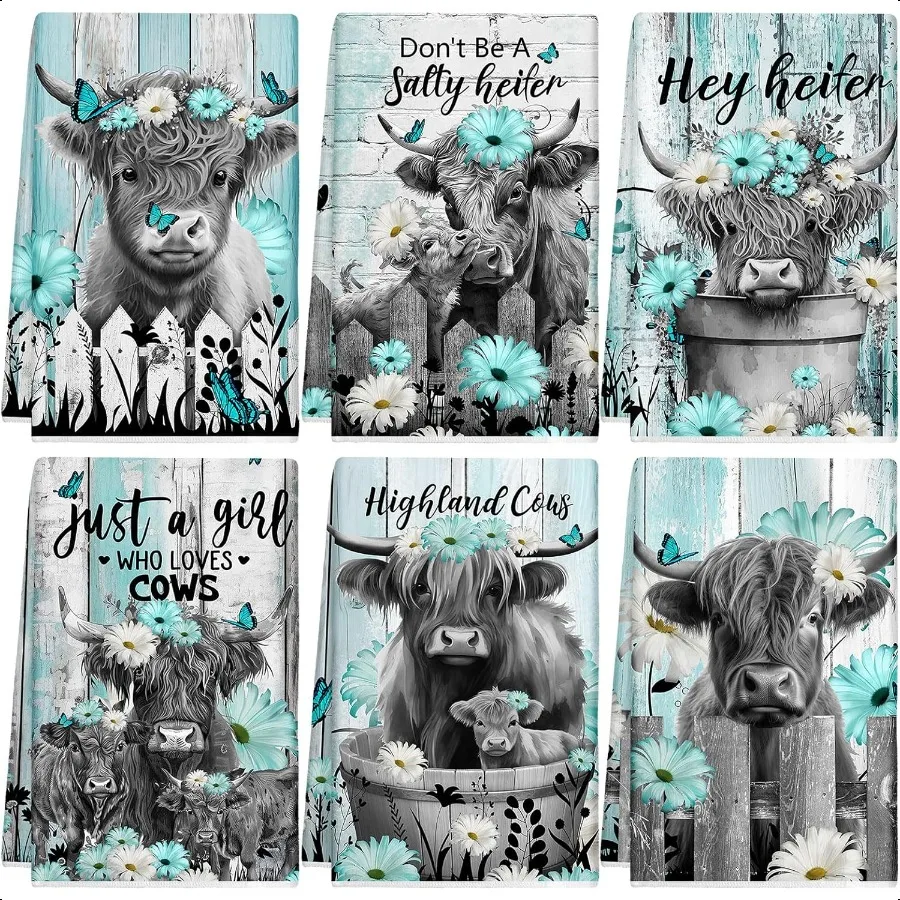 

Set of 6 Highland Cattle Kitchen Towels Dish Towel 14 x 21 Inch