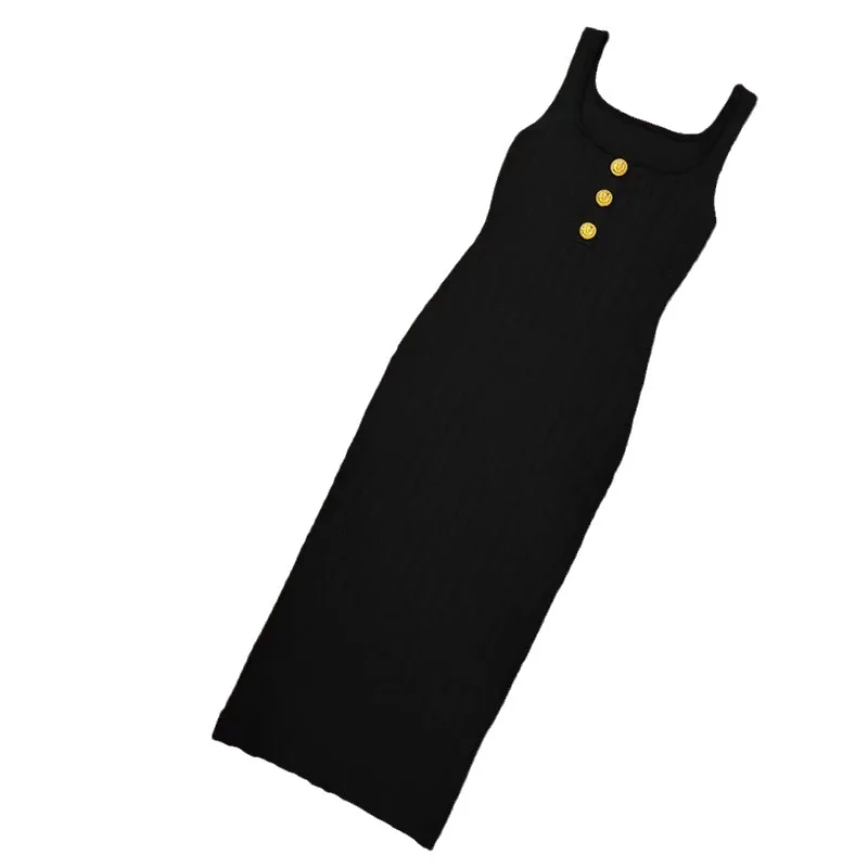 

Classic U Neck Sleeveless Sexy Midi Dress Summer Women Lion Head Gold Buttons Sling White Dresses for Women Black Knit Vistidos