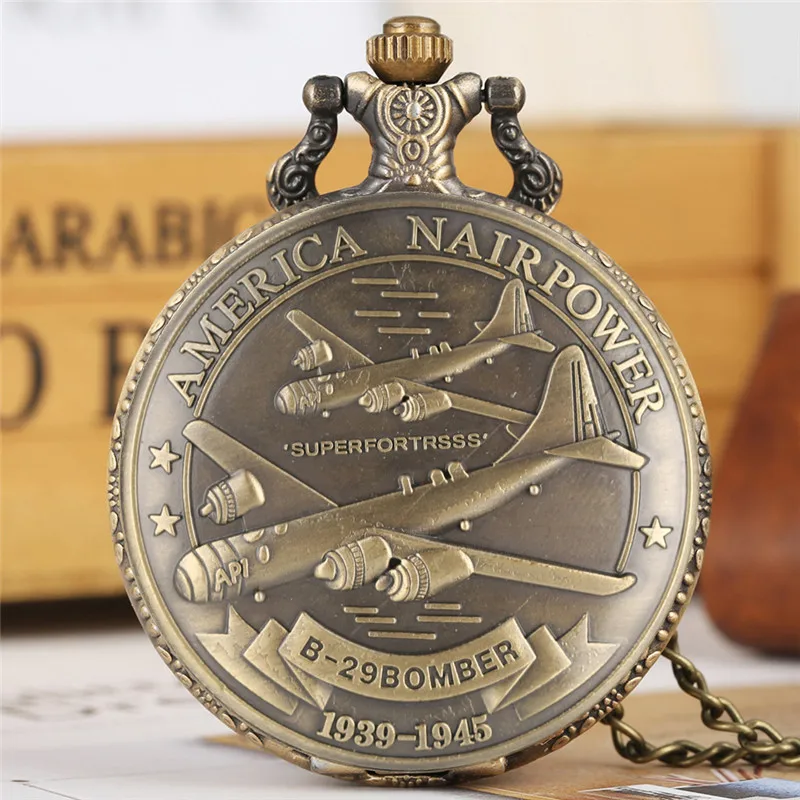 Retro B-29 American Air Power Airplane Men Women Quartz Pocket Watch Retro Army Military Clock Necklace Chain Souvenir Gifts