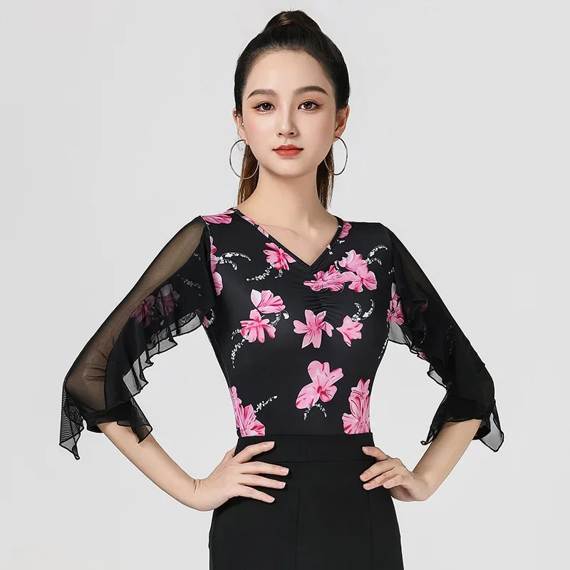 ملابس الرقص اللاتينية النسائية ذات الخط العلوي، فساتين الحفلات، ملابس التدريب في قاعة الرقص، قميص مطبوع، ملابس الرقص السامبا الحديثة #1