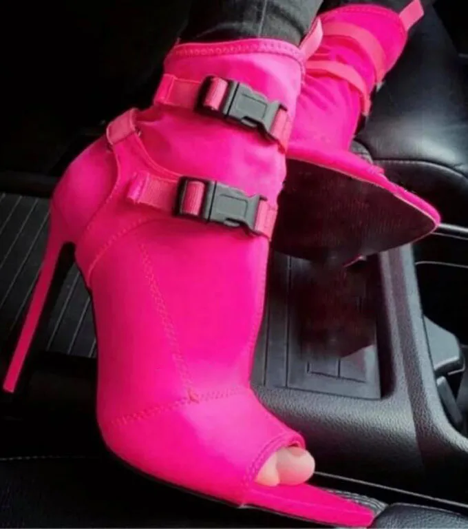 Neon Yellow Green Rubber Buckle Fasten Strap Ankle Boots Woman Stiletto High Heel Peep Toe Stretch Fabric Boots view 2
