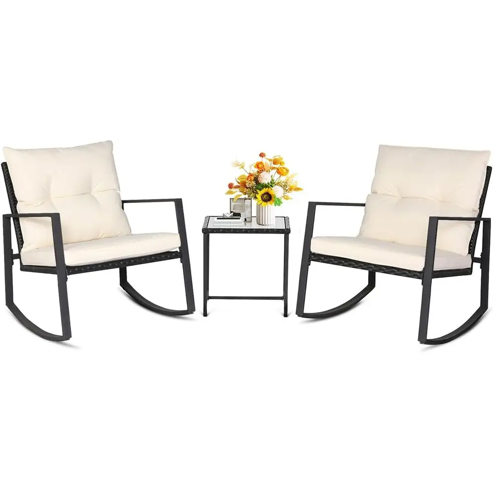 

Black Wicker 3-Piece Outdoor Rocking Bistro Set with Glass Coffee Table, Beige