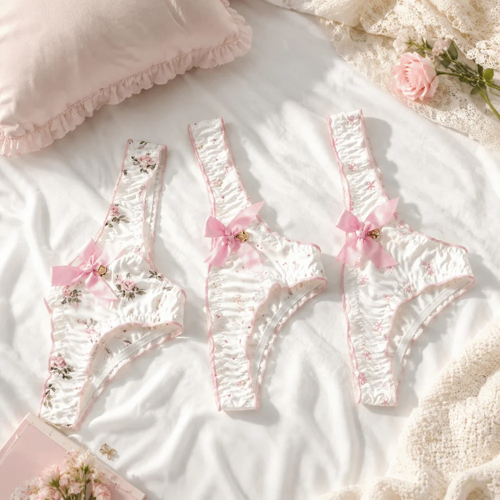 Japanischer Stil, süße Schleife, Damen-Slips, Blumenmuster, niedrige Taille, Mädchen-Slips, Unterwäsche aus Eisseide mit Rüschen, bedruckt, für Damen – Detail 3