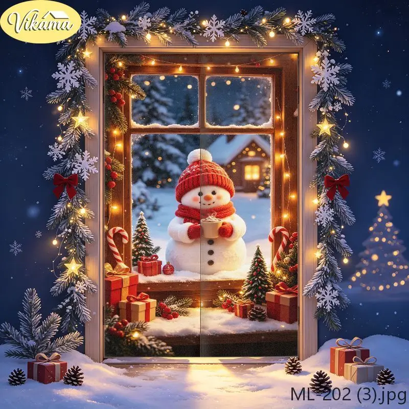 VIKAMA Christmas Snowman Penguin Tree Candy Door Curtain Black Background Cane Star Gift Holiday Linen Noren Bedroom Kitchen