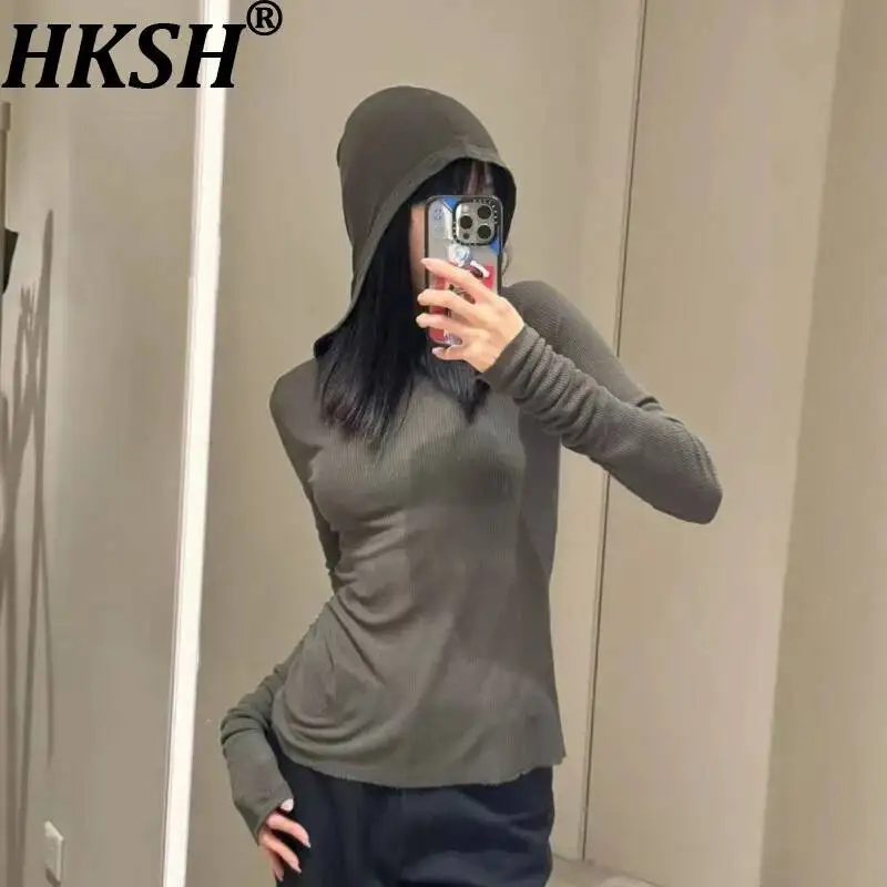 

HKSH Women Long Sleeve T-shirt Hooded Solid Color Slim Fit Dark RO Style Versatile Casual Knitted Top Spring Autumn 2026 HK23450
