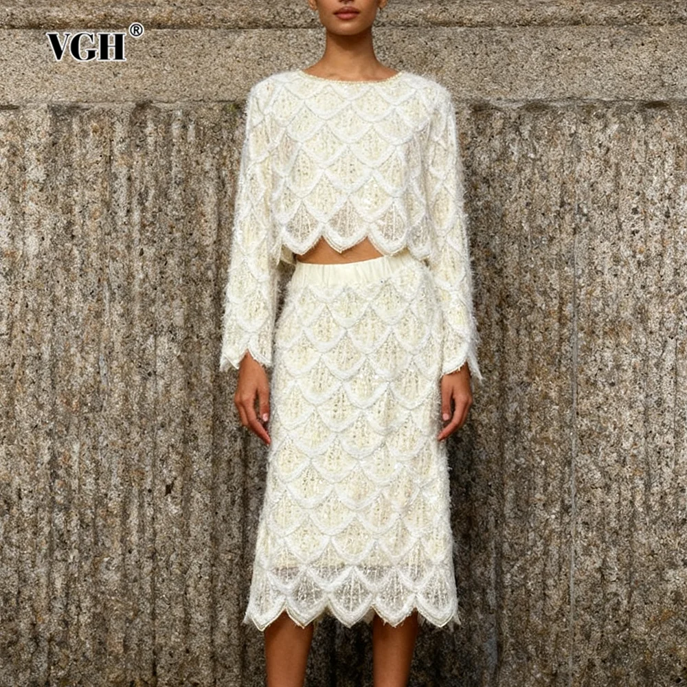 

VGH Темперамент, однотонные комплекты из двух предметов для женщин, топ с круглым вырезом и длинными рукавами, юбка с высокой талией, осенний повседневный комплект для вечеринок, женский новый