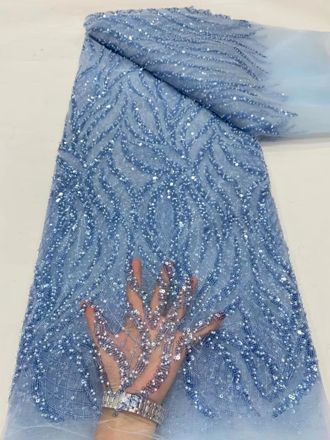 ナイジェリア産高級ラグジュアリーシークイン刺繍レース生地、フランス製ハンドメイドチュールビーズレース生地、女性用ウェディングドレス用