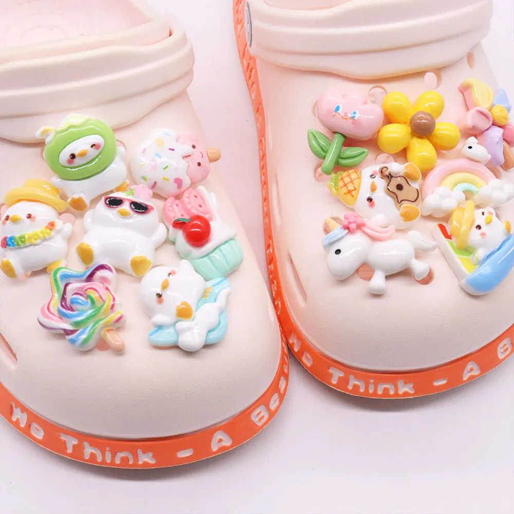 1-14PCS Resin Shoe Charms Kawaii Animal Duck Cake Flower Rainbow Ice Cream Candy Buckle Clogs Pins Hole Shoes Ornaments Slipper