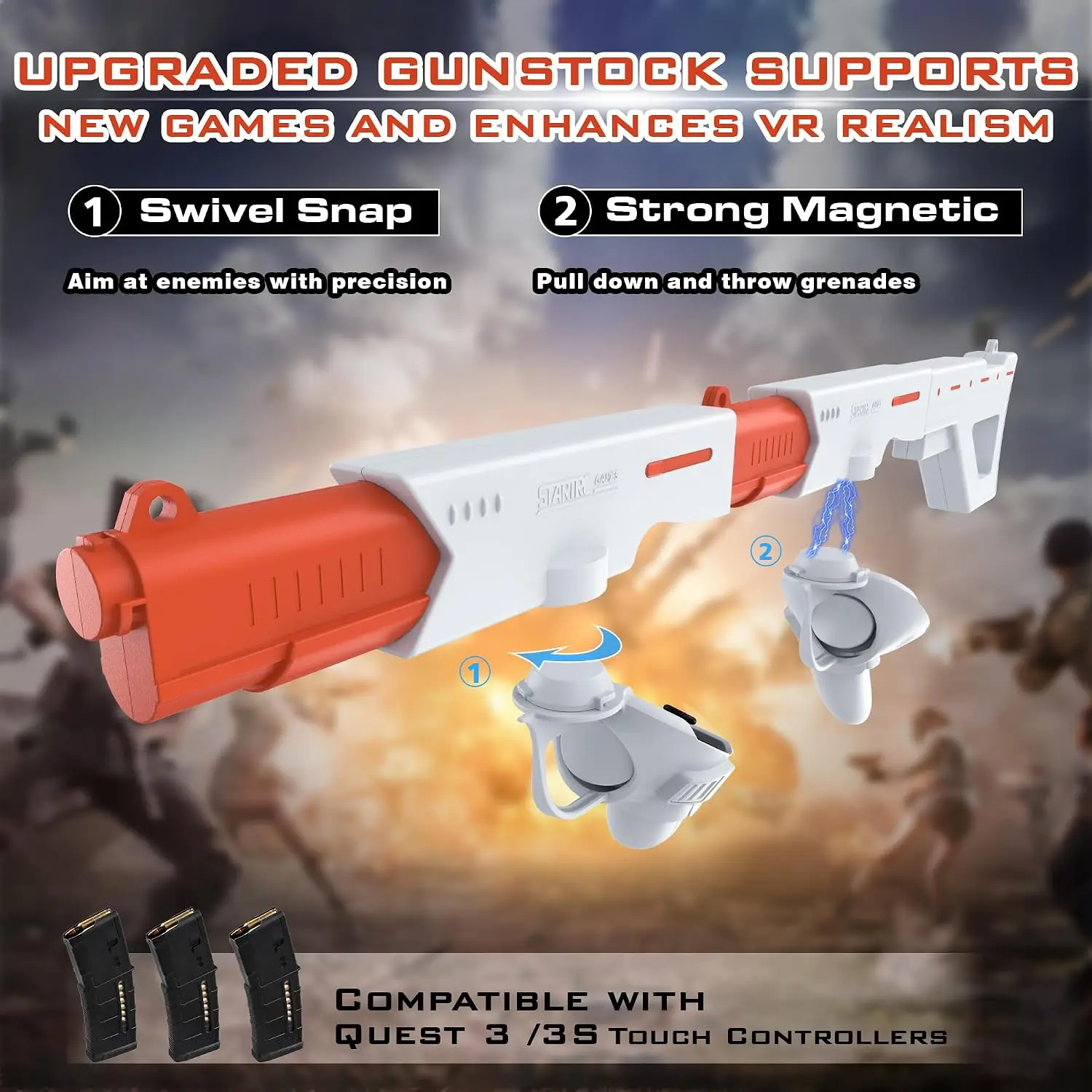 Gunstock for Meta Oculus Quest 3/3S Gun Stock VR Accessories with Rifle-Like or Dual-Pistol Handle Connect to Touch Controller