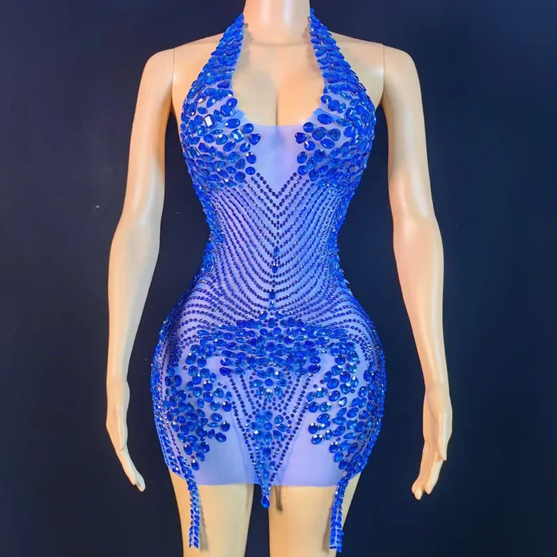 Vestido de fiesta de lujo con cuentas de diamantes de imitación para mujer, Mini vestido de retazos halter, elástico, fiesta de cumpleaños, club nocturno