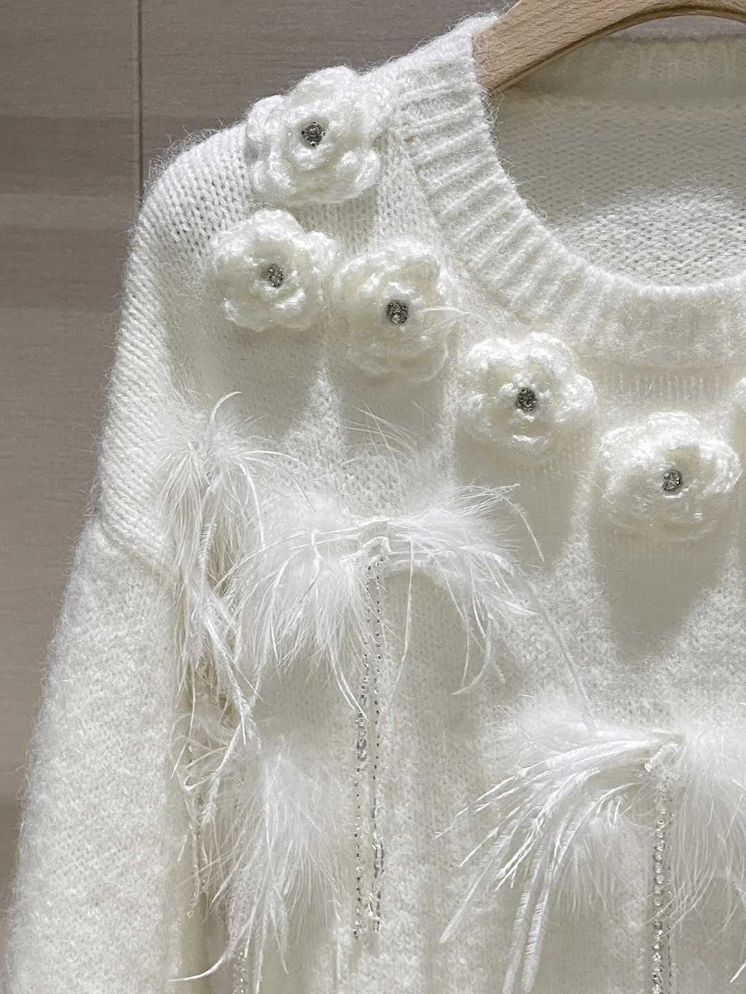 Lace Splicing Knitted Sweater Women's Casual Sle Long Sve round Ne Feather Flower Patterned White Overhead Knitwear