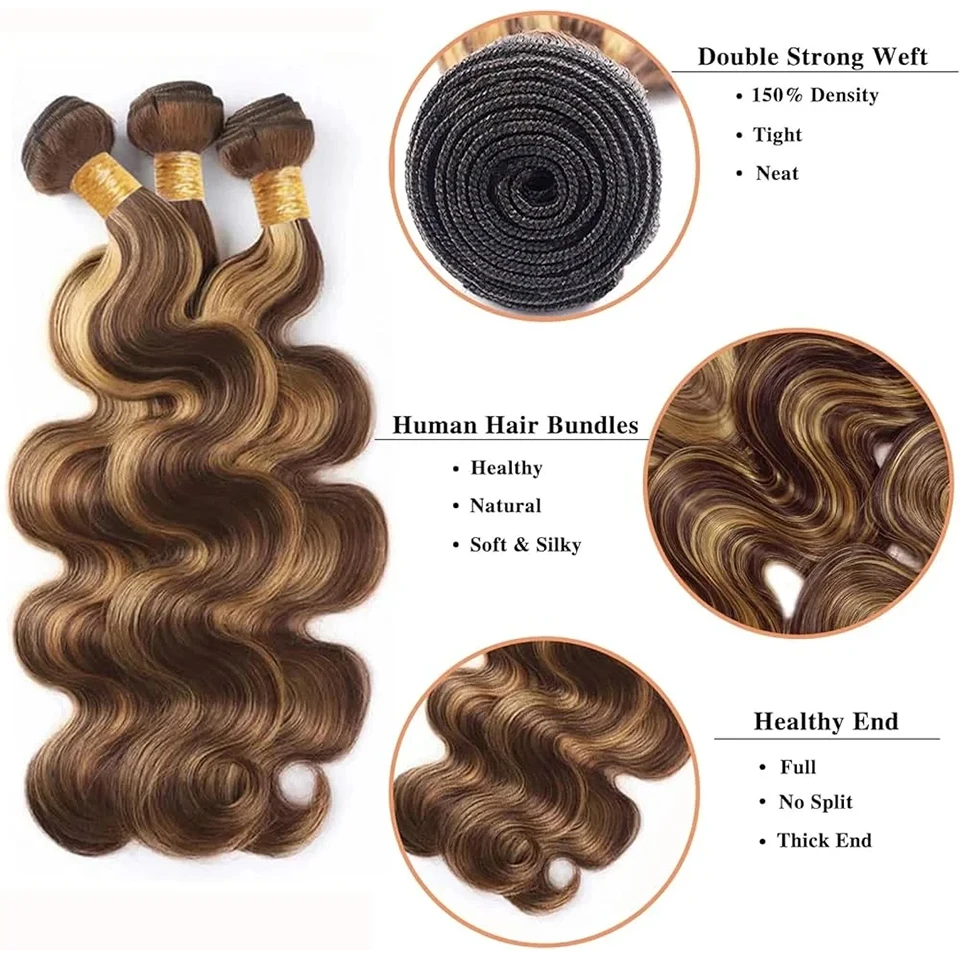 P4/27 Body Wave Honey Brown Highlight Ombre Colored Raw Human Hair Bundles 10-30 inch Brown Hair Weave Extensions Honey Blonde Highlight Body Wave Human Hair Bundles P4/27 Brazlian Hair Weave Colored  image 4
