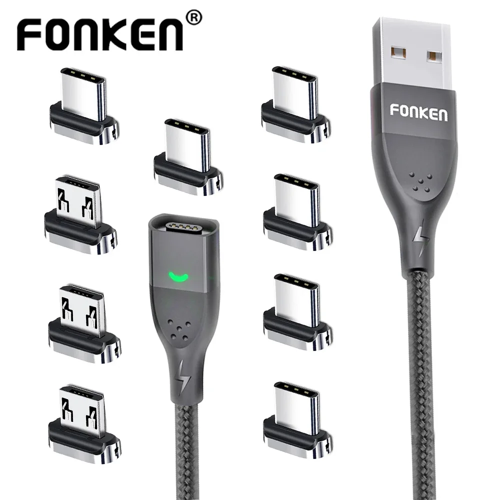 FONKEN Magnetic Cable 3A USB Magnetic Phone Charger Data Cord USB Type C Cable Magnet Fast Charging Cable Micro USB Charge Wire