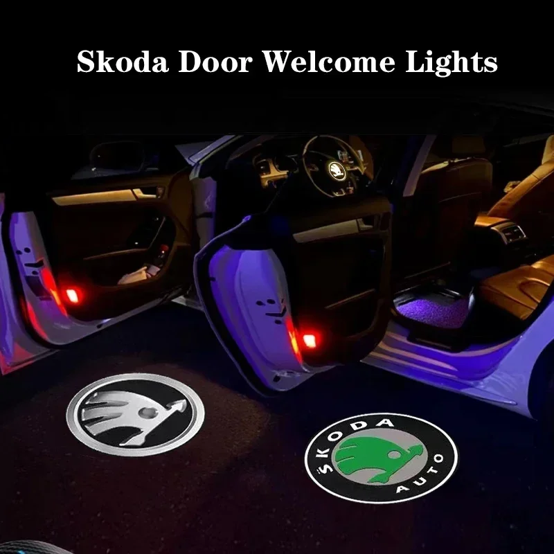 2Pcs Car Door Logo Projector Courtesy Lamps LED HD Welcome Lights For Skoda Octavia Rapid Kodiaq Karoq Fabia Kamiq Superb Deriva