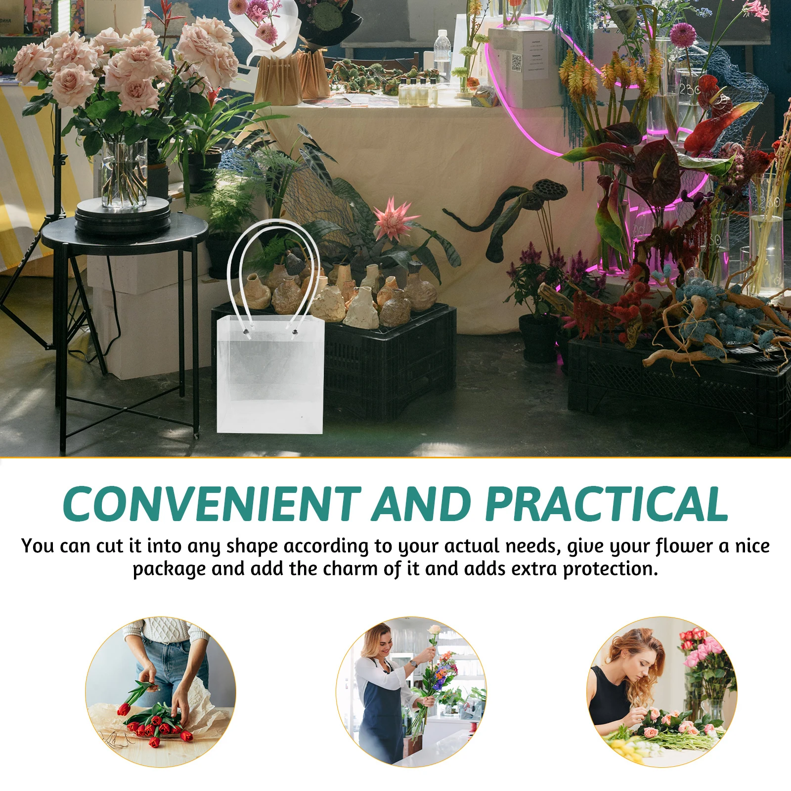 

6pcs Waterproof Tote Bags Clear PVC Flower Packaging Supplies Plastic Gift Pouches H Portable Wrapping Bag Bouquet Storage