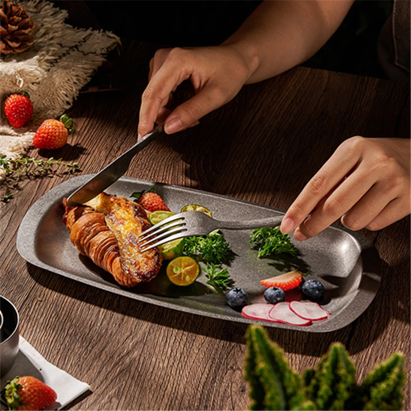 Snow Peak Stainless Steel Storage Plates with Ear Anti-scalding Snack Steak Buffet Plates Deep Wide Side Dish Sevring for Table