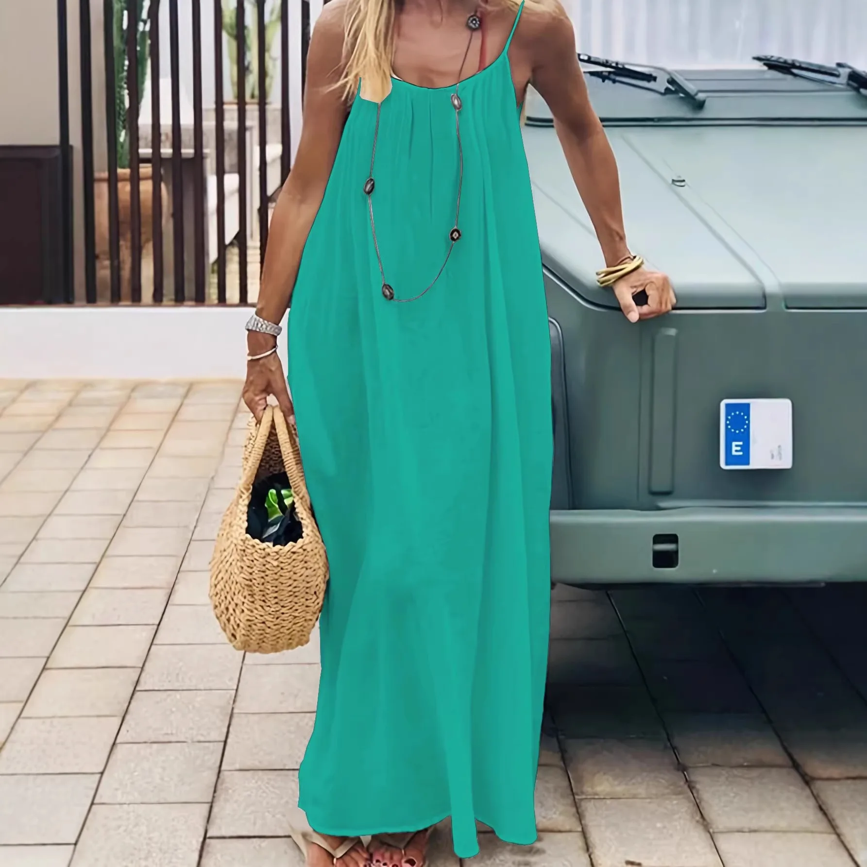 

2026 Summer Women's Solid Color Pleated Backless Suspender Long Dress Beach Vacation Dress Women