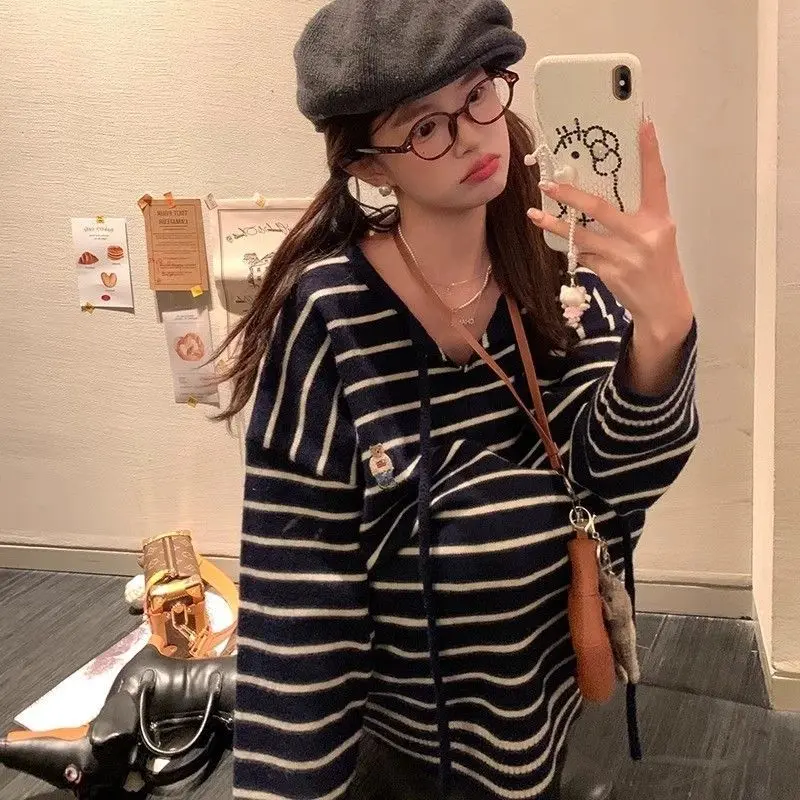 

Gagaok Preppy Style Sweaters Korean Fashion Striped Drawstring Knitted Pullover Women Autumn Casual Cartoon Bear Print Top