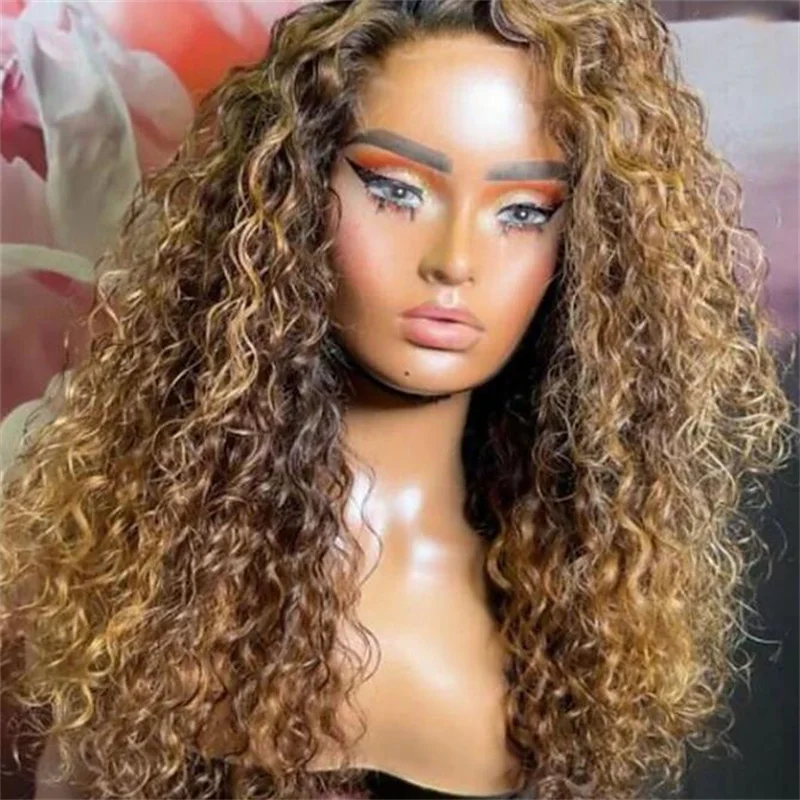 Glueless 180Density Soft Ombre Blond Curly 26Inch Long Lace Front Wig For Black Women With Baby Hair Preplucked Natural Hairline