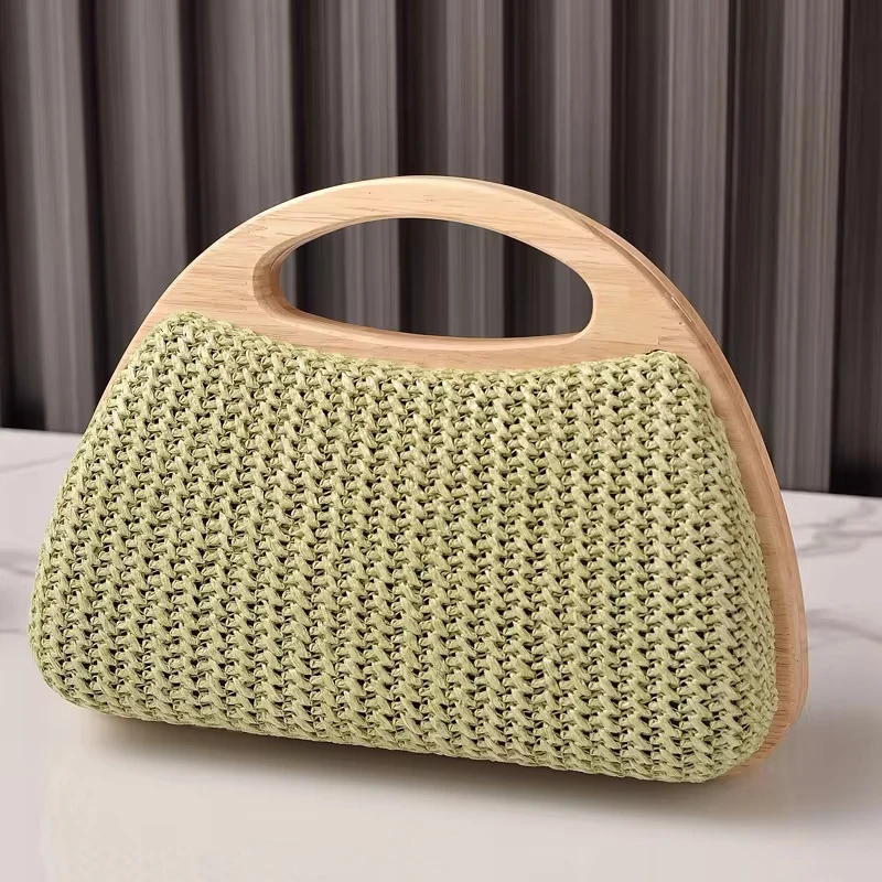 New Straw-Woven Solid Wood Clip-Clap Women's Bag Beach Vacation Fresh-Style Woven Bag Portable Casual Versatile Shoulder Bag
