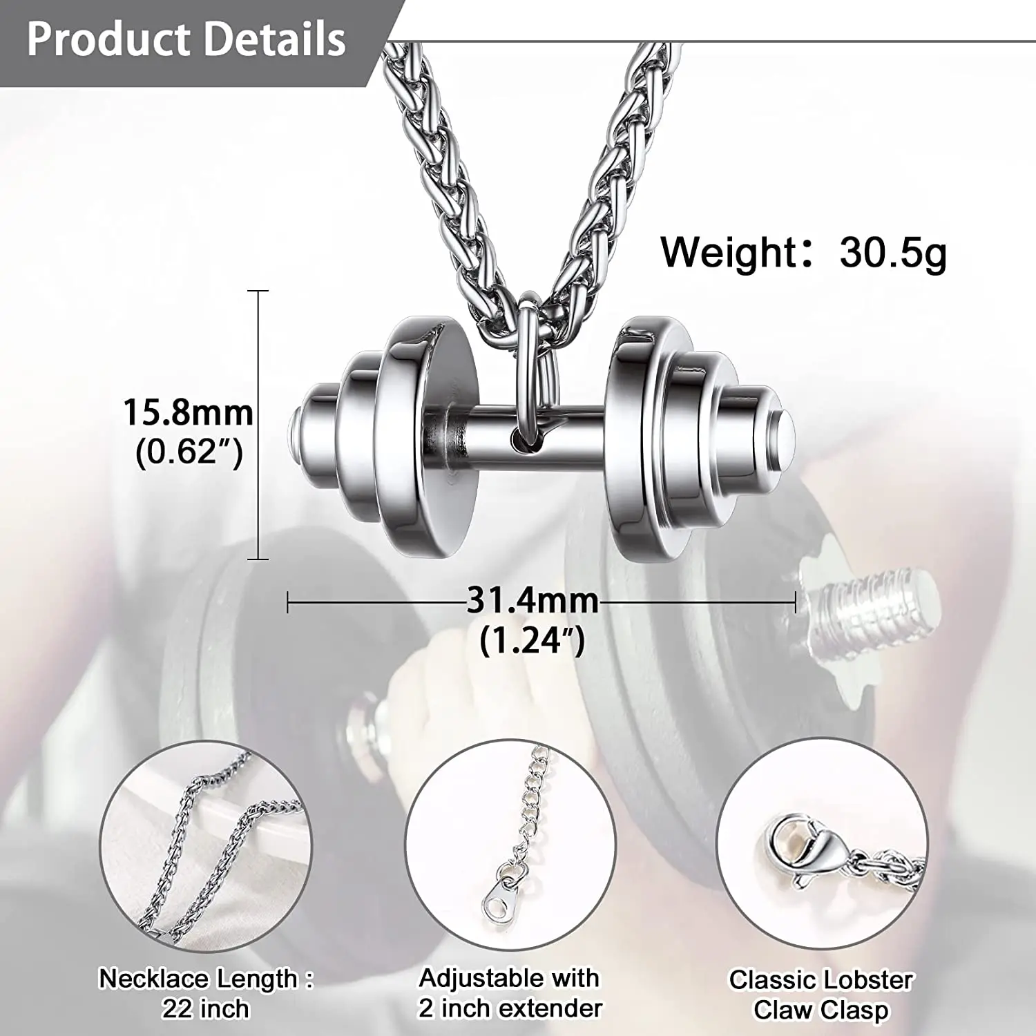 U7 Stainless Steel Dumbbell Necklace Weight Lifting Gym Barbell Jewelry gift for Men Women