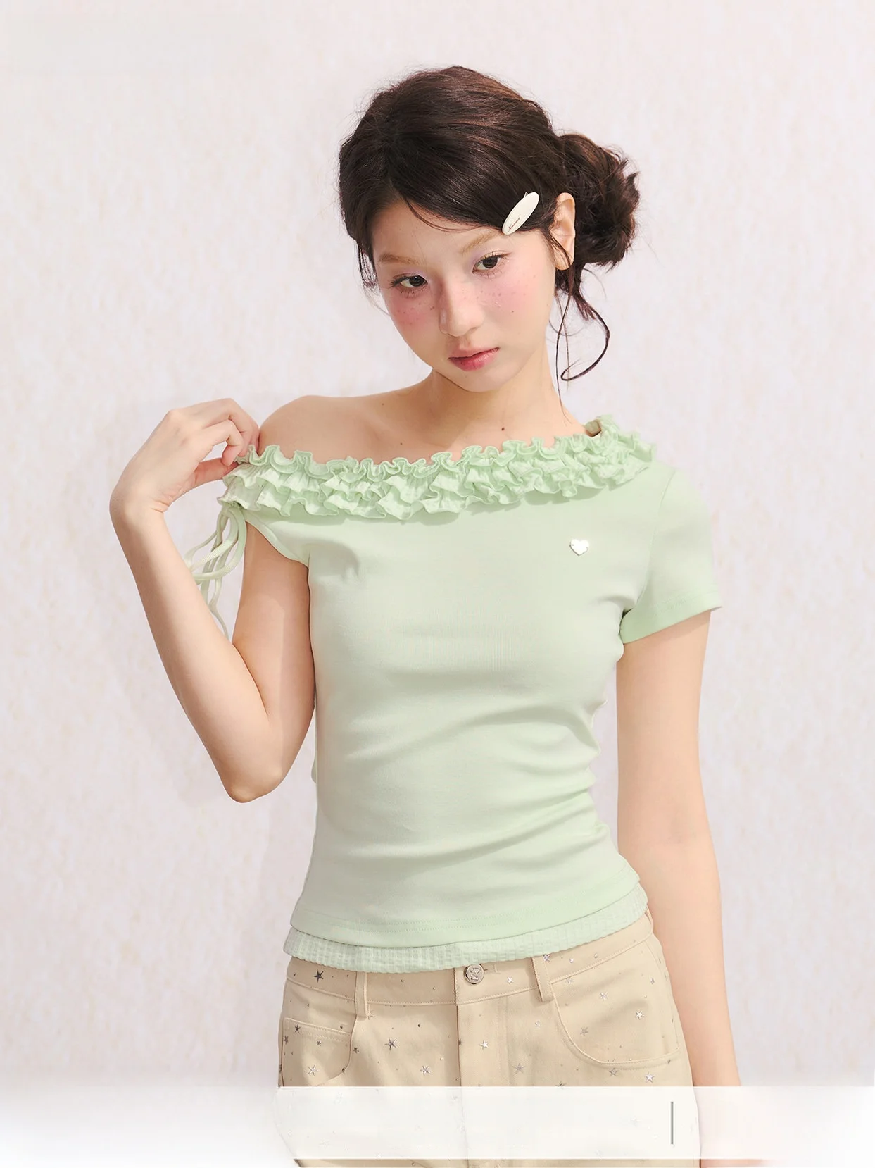 

Umoumo Summer Slim Fit Short Sleeve T-Shirt Texture Ruffle Wood Grain High Waist Straight Tube Cotton Blend Checkered T-...
