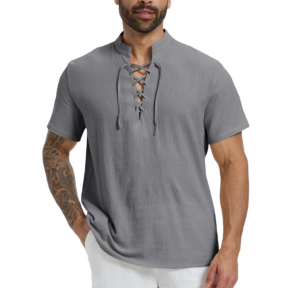 Herren-T-Shirt aus Baumwolle und Leinen, Sommer, atmungsaktiv, leicht, Henley-Ausschnitt, zum Schnüren, modisch, kurzärmelig, für Herren, lässige T-Shirts – Detail 9