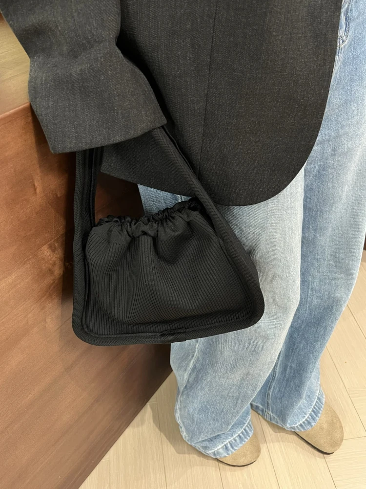 

Knitted Stripe Dstring Bag Large Capaci Elastic Simple Handheld Bag Daily Use Buet ape Soft Fabric Handbag for Youth