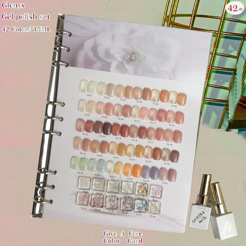 

Glenys 42-цветный клей для лака для ногтей, популярный полуперманентный погружной гель, цветная карта, ультрафиолетовый светодиодный лак для ногтей, обучающий набор