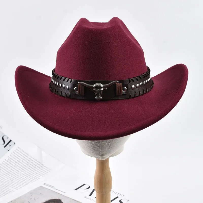 Retro Bull Ox Kopf Niet Leder Band Western Cowboy Hut Unisex Roll Up Krempe Cowgirl Jazz Hut Kirche Sombrero Hombre Caps – Detail 9