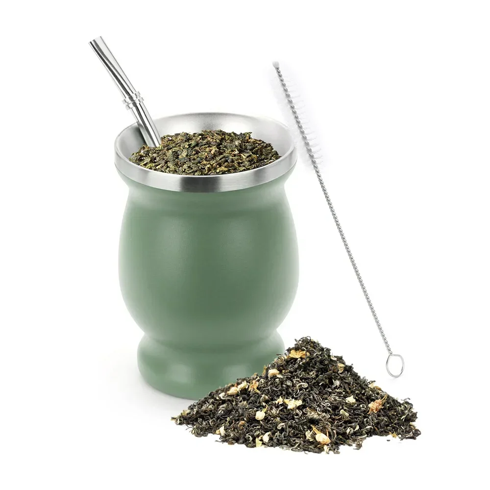 3Sets 230ML Bombilla Set Yerba Mate Gourd Double Stainless Steel Tea Cup with One Spoon and Brush Heat Insulation Anti Scalding