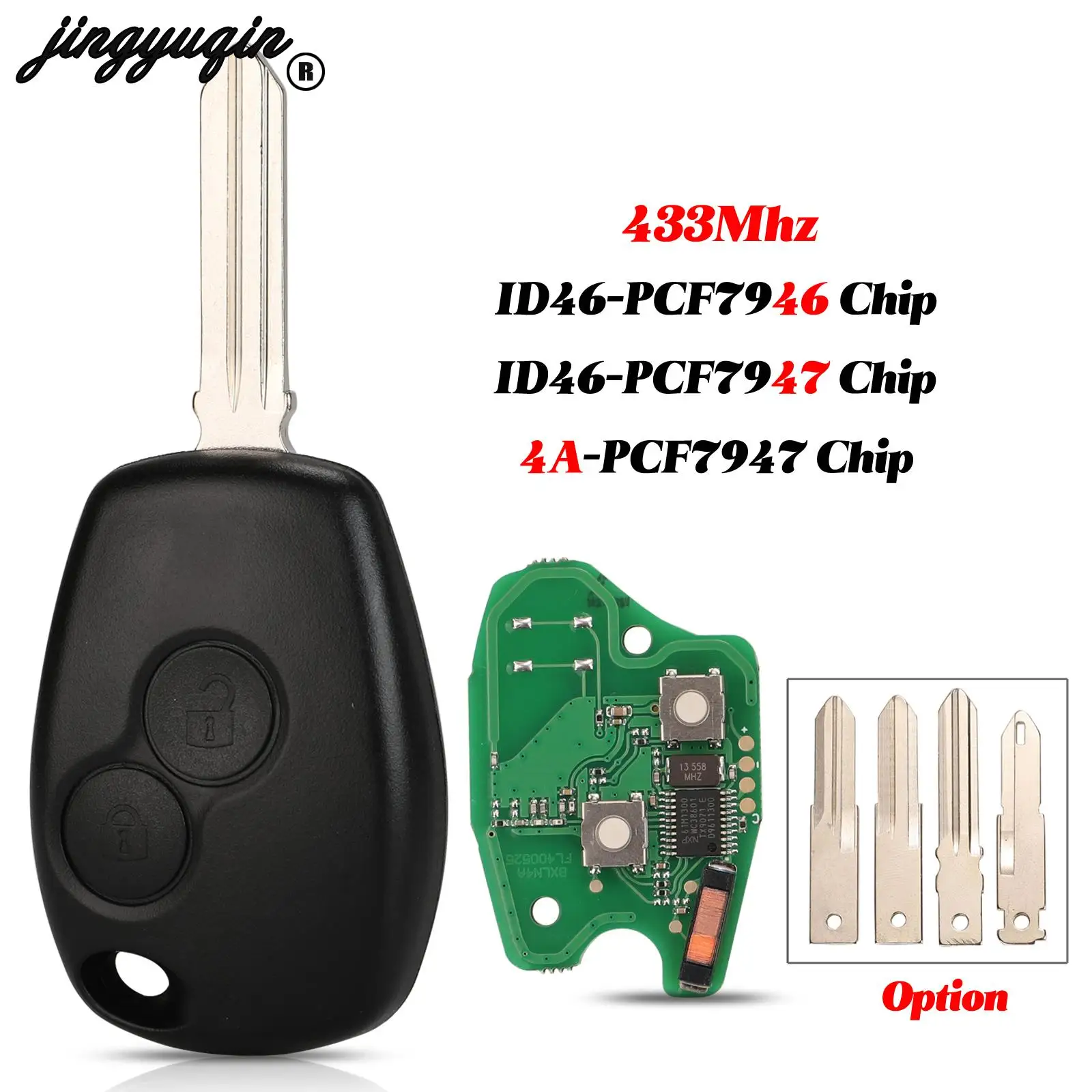 

jingyuqin 2 Buttons 434MHz For Renault Trafic Vivaro Primastar Movano Dacia PCF7946 7947 7952E Chip Smart Remote Car Key Fob