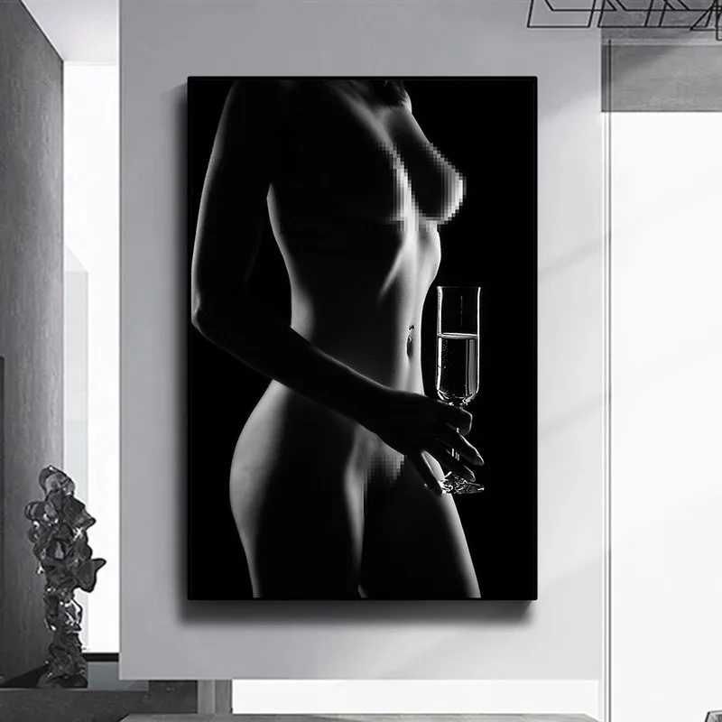 

Black and White Sexy Girl Holding Wine Glass Canvas Painting Poster and Prints Modern Figure Wall Art for Bathroom Home Decor