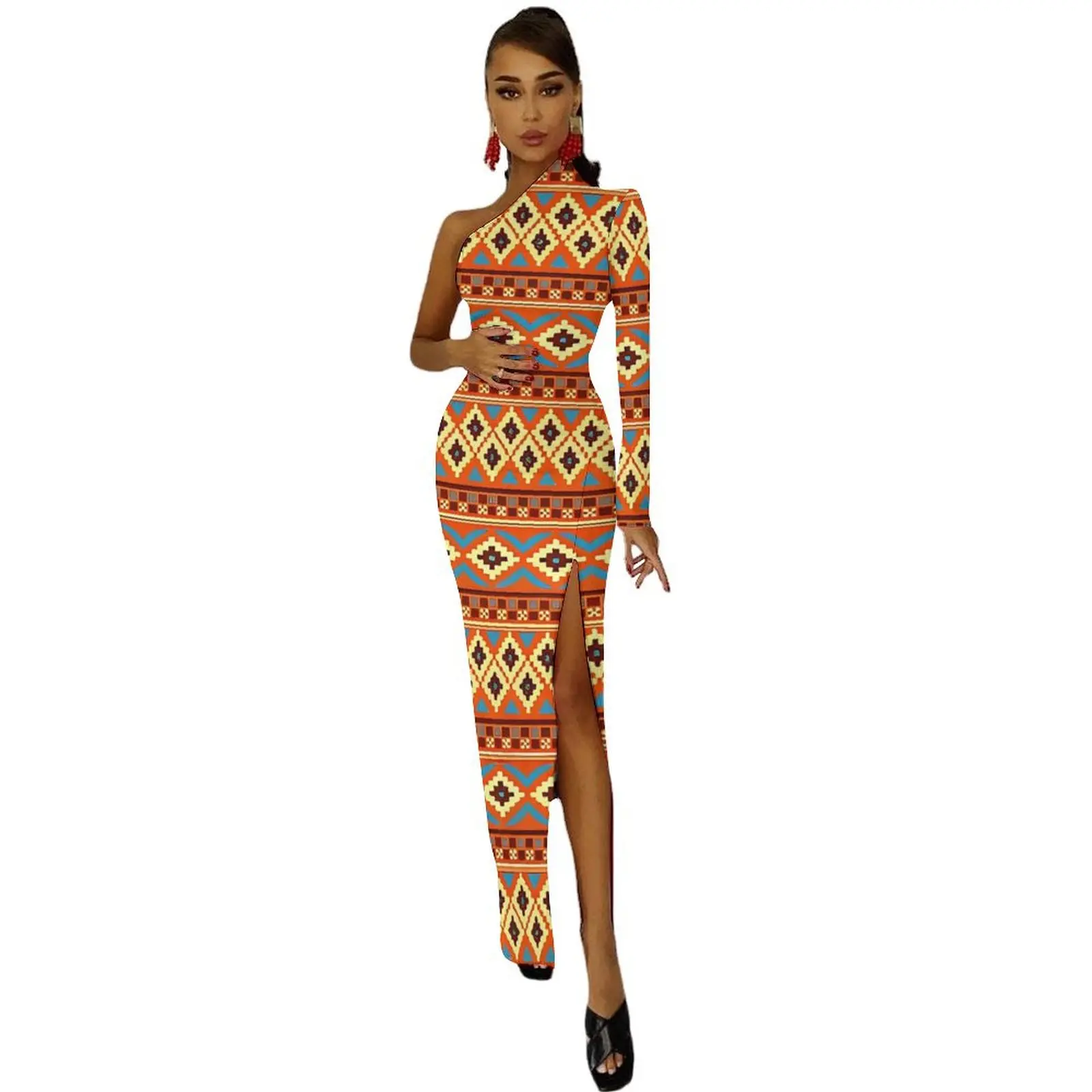 Azteekse kunst tribale print lange jurk dames street wear maxi-jurk herfst leuke bodycon-jurken hoge split bedrukte vestidos