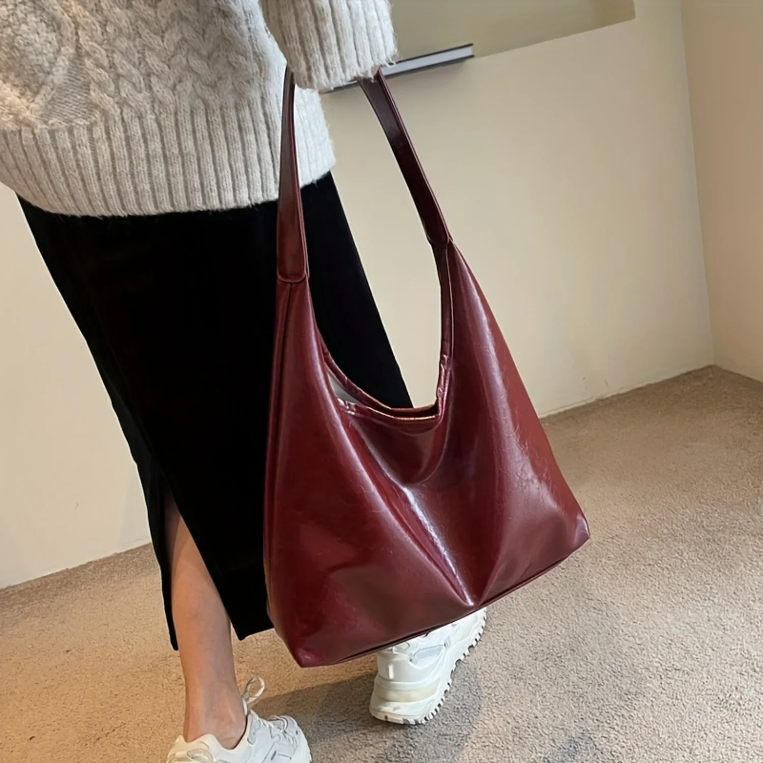 1pc Large Capacity Red Tote Bag Vintage Style PU Shoulder Bag Elegant Bridal Purse for Women, Versatile Work & Daily Commuter Ha