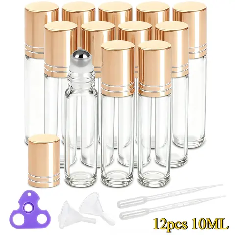 12pcs Glass Roll on Bottle 10ml Empty Essential Oil Roller Bottle with Stainless Steel Ball Opener Funnel Travel Accessories