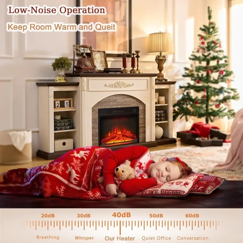 مدفأة كهربائية مقاس 72 بوصة مع رف، حامل تلفزيون أبيض لأجهزة التلفاز حتى 80 بوصة، مركز ترفيه المزرعة مع مساحة تخزين لغرفة النوم